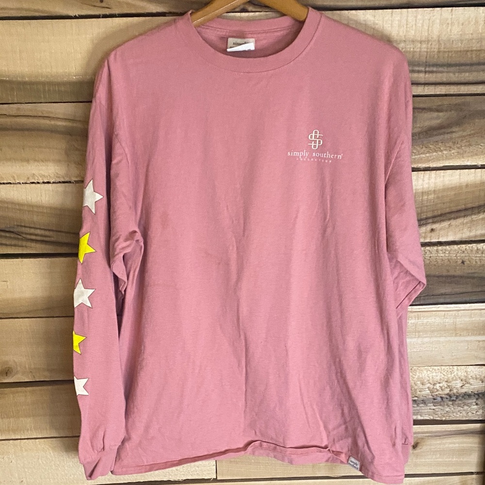 Simply Southern Dusty Pink Long Sleeve Tee with Star Sleeve Accents L - Picture 2 of 7